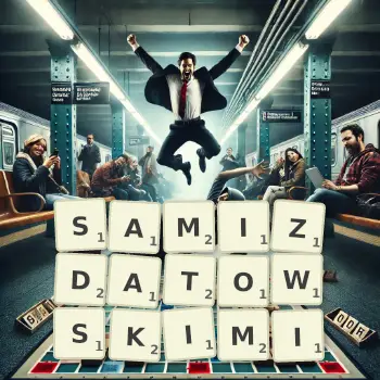 Kreatywna ilustracja do gry w Scrabble ze słowem SAMIZDATOWSKIMI ułożonym z płytek na planszy.