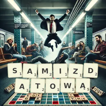 Kreatywna ilustracja do gry w Scrabble ze słowem SAMIZDATOWĄ ułożonym z płytek na planszy.