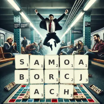 Kreatywna ilustracja do gry w Scrabble ze słowem SAMOABORCJACH ułożonym z płytek na planszy.