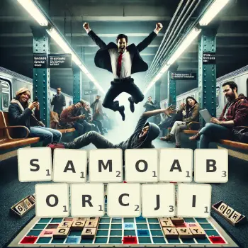 Kreatywna ilustracja do gry w Scrabble ze słowem SAMOABORCJI ułożonym z płytek na planszy.