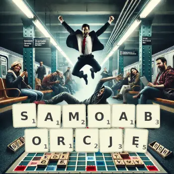 Kreatywna ilustracja do gry w Scrabble ze słowem SAMOABORCJĘ ułożonym z płytek na planszy.