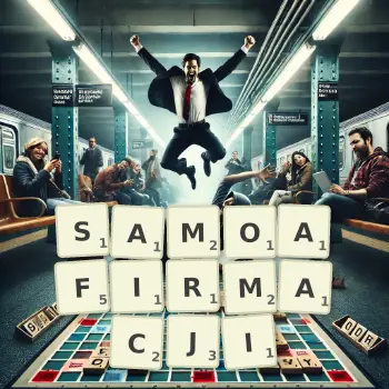 Kreatywna ilustracja do gry w Scrabble ze słowem SAMOAFIRMACJI ułożonym z płytek na planszy.