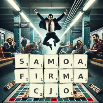 Kreatywna ilustracja do gry w Scrabble ze słowem SAMOAFIRMACJO ułożonym z płytek na planszy.