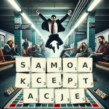 Kreatywna ilustracja do gry w Scrabble ze słowem SAMOAKCEPTACJE ułożonym z płytek na planszy.
