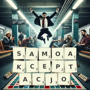 Kreatywna ilustracja do gry w Scrabble ze słowem SAMOAKCEPTACJO ułożonym z płytek na planszy.