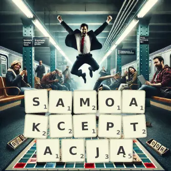 Kreatywna ilustracja do gry w Scrabble ze słowem SAMOAKCEPTACJĄ ułożonym z płytek na planszy.