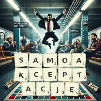 Kreatywna ilustracja do gry w Scrabble ze słowem SAMOAKCEPTACJĘ ułożonym z płytek na planszy.