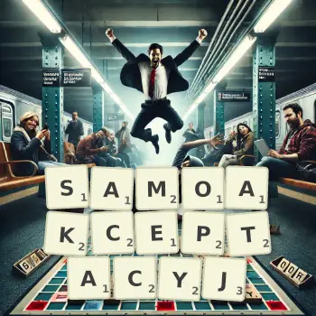 Kreatywna ilustracja do gry w Scrabble ze słowem SAMOAKCEPTACYJ ułożonym z płytek na planszy.
