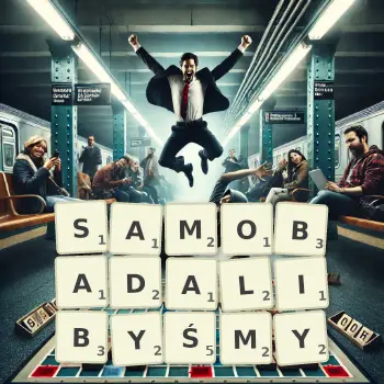Kreatywna ilustracja do gry w Scrabble ze słowem SAMOBADALIBYŚMY ułożonym z płytek na planszy.