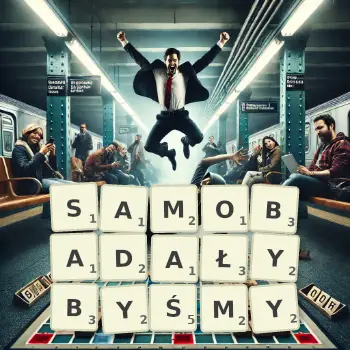 Kreatywna ilustracja do gry w Scrabble ze słowem SAMOBADAŁYBYŚMY ułożonym z płytek na planszy.