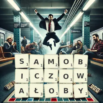 Kreatywna ilustracja do gry w Scrabble ze słowem SAMOBICZOWAŁOBY ułożonym z płytek na planszy.