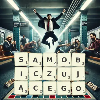 Kreatywna ilustracja do gry w Scrabble ze słowem SAMOBICZUJĄCEGO ułożonym z płytek na planszy.