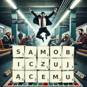 Kreatywna ilustracja do gry w Scrabble ze słowem SAMOBICZUJĄCEMU ułożonym z płytek na planszy.