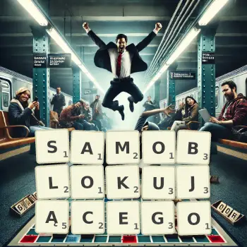 Kreatywna ilustracja do gry w Scrabble ze słowem SAMOBLOKUJĄCEGO ułożonym z płytek na planszy.
