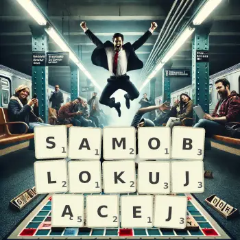 Kreatywna ilustracja do gry w Scrabble ze słowem SAMOBLOKUJĄCEJ ułożonym z płytek na planszy.