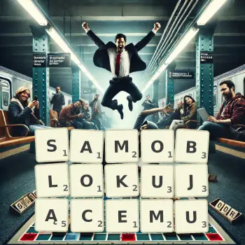 Kreatywna ilustracja do gry w Scrabble ze słowem SAMOBLOKUJĄCEMU ułożonym z płytek na planszy.
