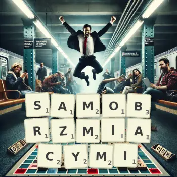 Kreatywna ilustracja do gry w Scrabble ze słowem SAMOBRZMIACYMI ułożonym z płytek na planszy.