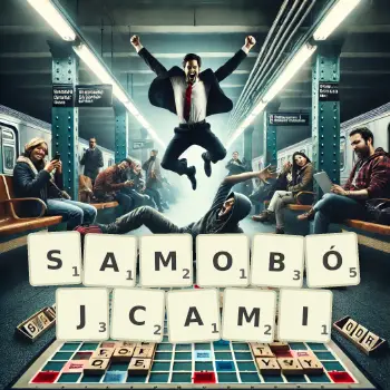 Kreatywna ilustracja do gry w Scrabble ze słowem SAMOBÓJCAMI ułożonym z płytek na planszy.