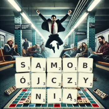Kreatywna ilustracja do gry w Scrabble ze słowem SAMOBÓJCZYNIĄ ułożonym z płytek na planszy.