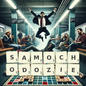 Kreatywna ilustracja do gry w Scrabble ze słowem SAMOCHODOZIE ułożonym z płytek na planszy.