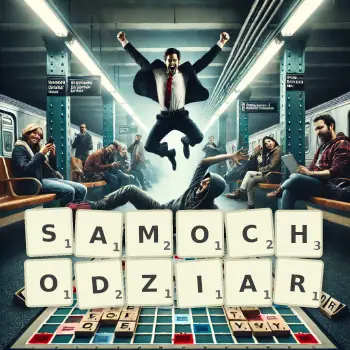 Kreatywna ilustracja do gry w Scrabble ze słowem SAMOCHODZIAR ułożonym z płytek na planszy.