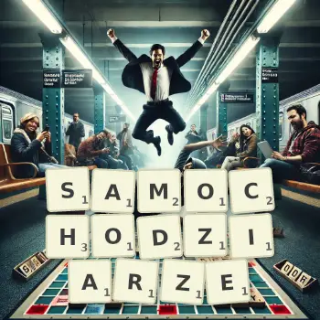 Kreatywna ilustracja do gry w Scrabble ze słowem SAMOCHODZIARZE ułożonym z płytek na planszy.