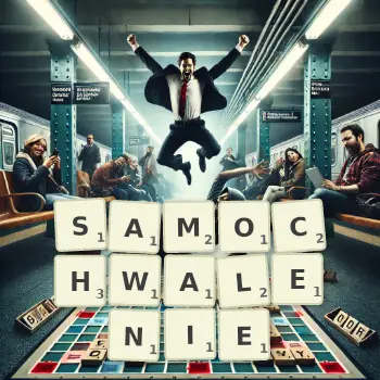 Kreatywna ilustracja do gry w Scrabble ze słowem SAMOCHWALENIE ułożonym z płytek na planszy.