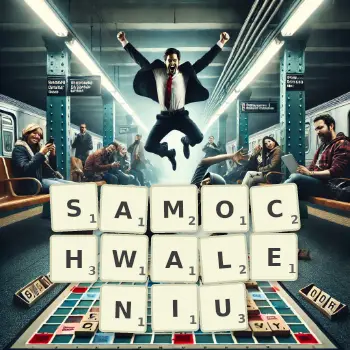 Kreatywna ilustracja do gry w Scrabble ze słowem SAMOCHWALENIU ułożonym z płytek na planszy.