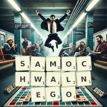 Kreatywna ilustracja do gry w Scrabble ze słowem SAMOCHWALNEGO ułożonym z płytek na planszy.