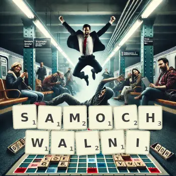 Kreatywna ilustracja do gry w Scrabble ze słowem SAMOCHWALNI ułożonym z płytek na planszy.