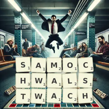 Kreatywna ilustracja do gry w Scrabble ze słowem SAMOCHWALSTWACH ułożonym z płytek na planszy.