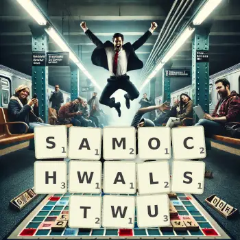 Kreatywna ilustracja do gry w Scrabble ze słowem SAMOCHWALSTWU ułożonym z płytek na planszy.