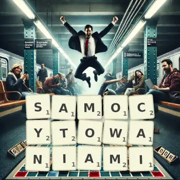 Kreatywna ilustracja do gry w Scrabble ze słowem SAMOCYTOWANIAMI ułożonym z płytek na planszy.