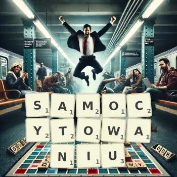Kreatywna ilustracja do gry w Scrabble ze słowem SAMOCYTOWANIU ułożonym z płytek na planszy.