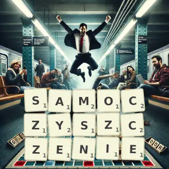 Kreatywna ilustracja do gry w Scrabble ze słowem SAMOCZYSZCZENIE ułożonym z płytek na planszy.