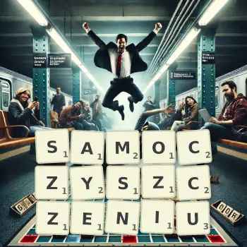 Kreatywna ilustracja do gry w Scrabble ze słowem SAMOCZYSZCZENIU ułożonym z płytek na planszy.