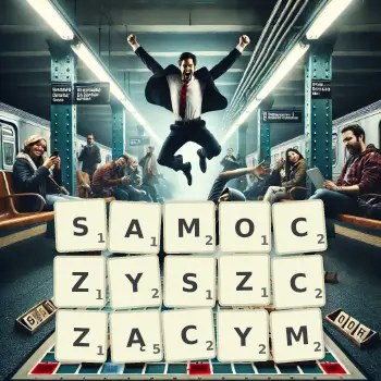 Kreatywna ilustracja do gry w Scrabble ze słowem SAMOCZYSZCZĄCYM ułożonym z płytek na planszy.