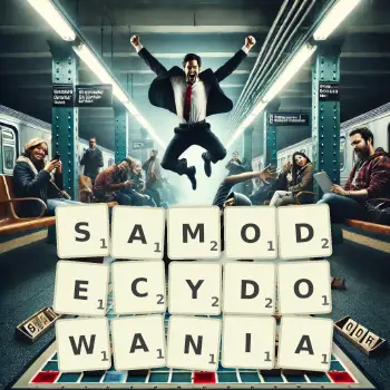 Kreatywna ilustracja do gry w Scrabble ze słowem SAMODECYDOWANIA ułożonym z płytek na planszy.