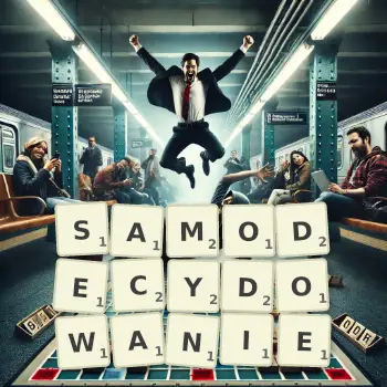 Kreatywna ilustracja do gry w Scrabble ze słowem SAMODECYDOWANIE ułożonym z płytek na planszy.