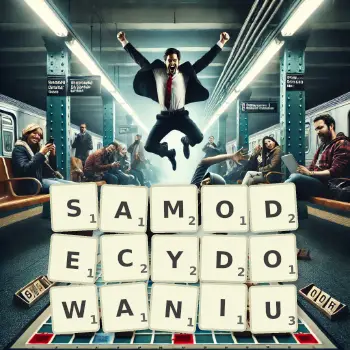 Kreatywna ilustracja do gry w Scrabble ze słowem SAMODECYDOWANIU ułożonym z płytek na planszy.