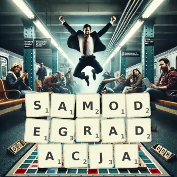 Kreatywna ilustracja do gry w Scrabble ze słowem SAMODEGRADACJA ułożonym z płytek na planszy.