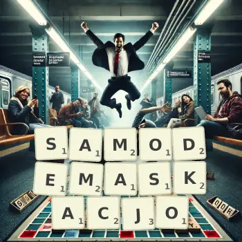 Kreatywna ilustracja do gry w Scrabble ze słowem SAMODEMASKACJO ułożonym z płytek na planszy.