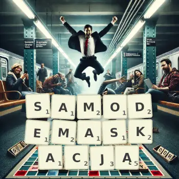 Kreatywna ilustracja do gry w Scrabble ze słowem SAMODEMASKACJĄ ułożonym z płytek na planszy.