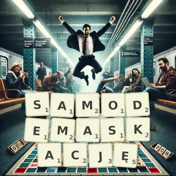 Kreatywna ilustracja do gry w Scrabble ze słowem SAMODEMASKACJĘ ułożonym z płytek na planszy.