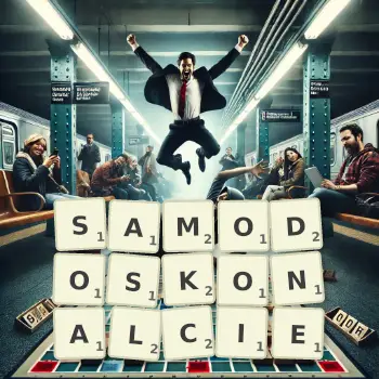 Kreatywna ilustracja do gry w Scrabble ze słowem SAMODOSKONALCIE ułożonym z płytek na planszy.