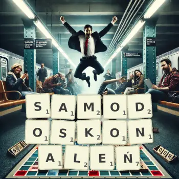 Kreatywna ilustracja do gry w Scrabble ze słowem SAMODOSKONALEŃ ułożonym z płytek na planszy.