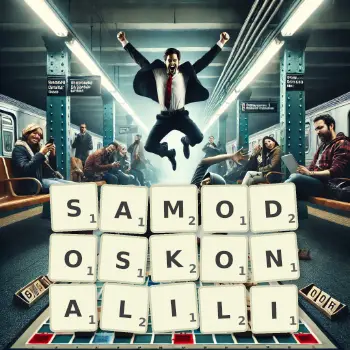 Kreatywna ilustracja do gry w Scrabble ze słowem SAMODOSKONALILI ułożonym z płytek na planszy.