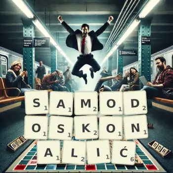 Kreatywna ilustracja do gry w Scrabble ze słowem SAMODOSKONALIĆ ułożonym z płytek na planszy.