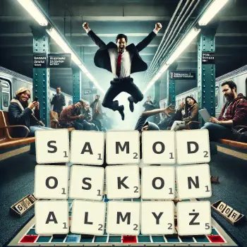 Kreatywna ilustracja do gry w Scrabble ze słowem SAMODOSKONALMYŻ ułożonym z płytek na planszy.