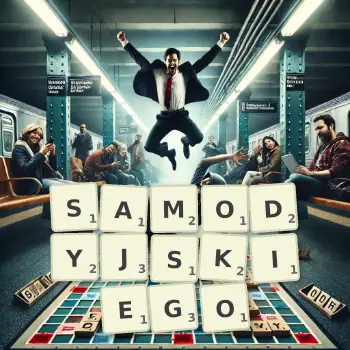 Kreatywna ilustracja do gry w Scrabble ze słowem SAMODYJSKIEGO ułożonym z płytek na planszy.